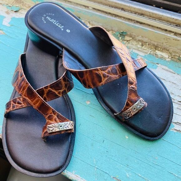 Matisse Leather Upper Animal Print Embellished Slip On Sandal Brown Size 6 - Picture 3 of 7